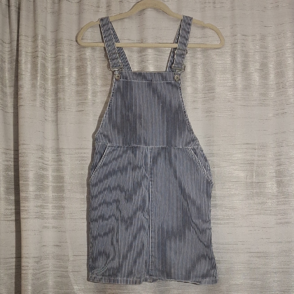 New Look Striped Denim Pinafore Dress - Navy & White Size 4